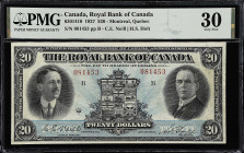 CANADA. Royal Bank of Canada. 20 Dollars, 1927. CH #630-14-10. PMG Very Fine 30.
Montreal, Quebec. C.E. Neill and H.S. Holt signature combination.
F...