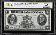 CANADA. Royal Bank of Canada. 20 Dollars, 1927. CH #630-14-12. PCGS Banknote Choice Uncirculated 63.
Montreal, Quebec. Signature combination of Wilso...