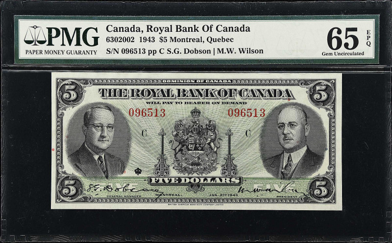 CANADA. Royal Bank of Canada. 5 Dollars, 1943. CH# 630-20-02. PMG Gem Uncirculat...