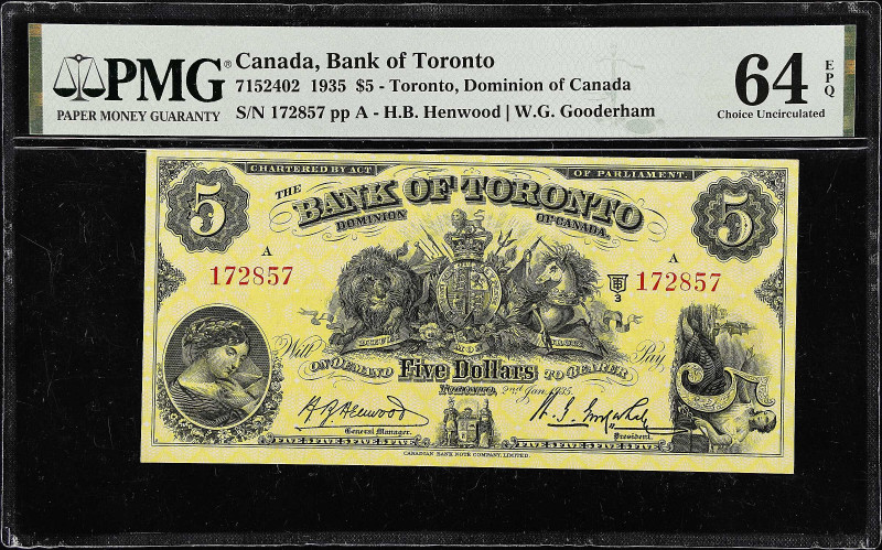 CANADA. Bank of Toronto. 5 Dollars, 1935. CH# 715-24-02. PMG Choice Uncirculated...