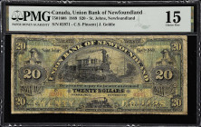 CANADA. Union Bank of Newfoundland. 20 Dollars, 1889. CH# 750-16-08. PMG Choice Fine 15.
St. Johns, Newfoundland. Signature combination of C.S. Pinse...