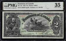 CANADA. Dominion of Canada. 2 Dollars, 1897. DC-14c. PMG Choice Very Fine 35.
Printed by ABNC. Printed signature of T.C. Boville at right. Fishing sc...