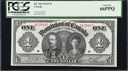 CANADA. Dominion Of Canada. 1 Dollar, 1911P. DC-18d. PCGS Currency Gem New 66 PPQ.
A superior offering of this always desirable dual portrait type th...