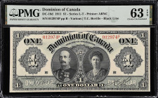 CANADA. Dominion of Canada. 1 Dollars, 1911. DC-18d. PMG Choice Uncirculated 63 EPQ.
Series P. Black line above signature panel, no hyphen. Printed s...