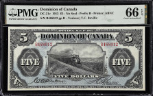 CANADA. Dominion Of Canada. 5 Dollars, 1912. DC-21c. PMG Gem Uncirculated 66 EPQ.
Printed by ABNC. No seal. Prefix B. Penned signature at left with p...