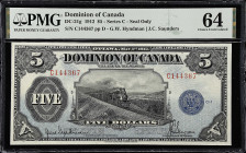 CANADA. Dominion of Canada. 5 Dollars, 1912. DC-21g. PMG Choice Uncirculated 64.
Series C. Seal only. Hyndman-Saunders signatures. A sought after tra...
