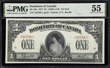 CANADA. Dominion of Canada. 1 Dollar, 1917. DC-23a. PMG About Uncirculated 55.
Suffix C. No seal. Printed signature of T.C. Boville at right. Appeali...