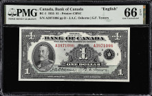 CANADA. Bank of Canada. 1 Dollar, 1935. BC-1. PMG Gem Uncirculated 66 EPQ.
Printed by CBNC. Signature combination of J.A.C. Osborne and G.F. Towers. ...
