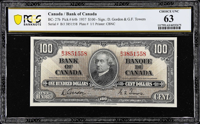 CANADA. Bank of Canada. 100 Dollars, 1937. BC-27b. PCGS Banknote Choice Uncircul...