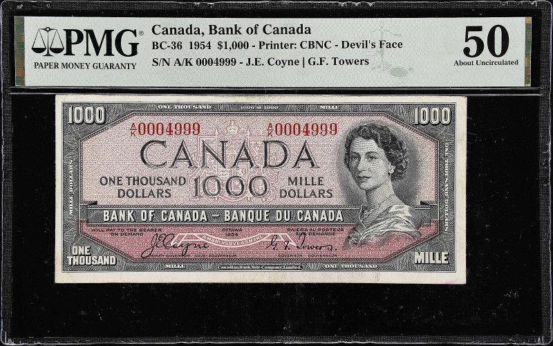 CANADA. Bank of Canada. 1000 Dollars, 1954. BC-36. PMG About Uncirculated 50.
P...