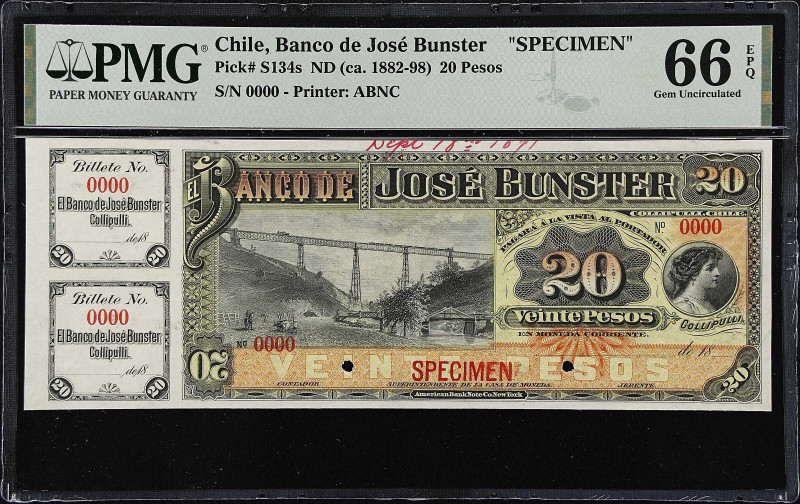 CHILE. Banco de Jose Bunster. 20 Pesos, ND (ca. 1882-98). P-S134s. Specimen. PMG...