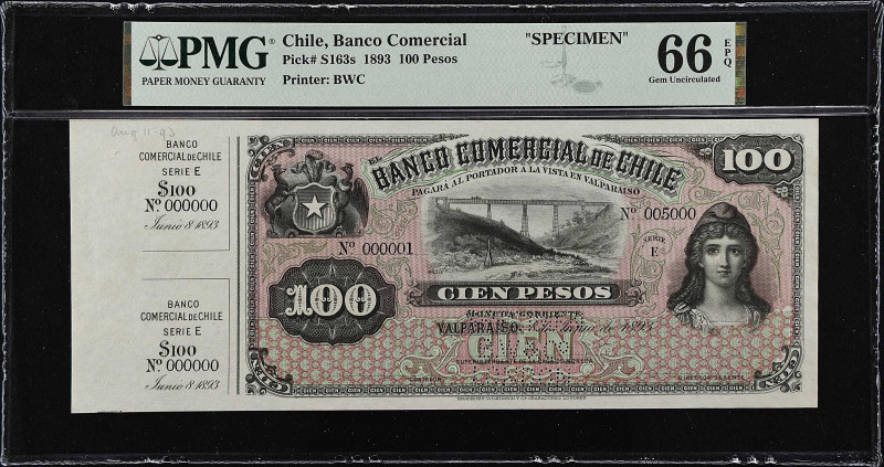 CHILE. Banco Comercial de Chile. 100 Pesos, 1893. P-S163s. Specimen. PMG Gem Unc...