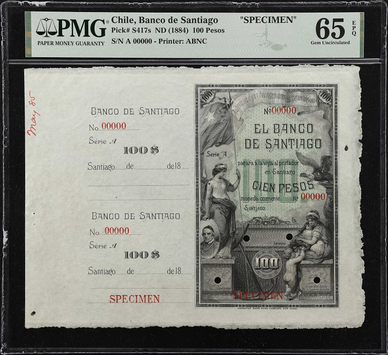 CHILE. Banco de Santiago. 100 Pesos, ND (1884). P-S417s. Specimen. PMG Gem Uncir...