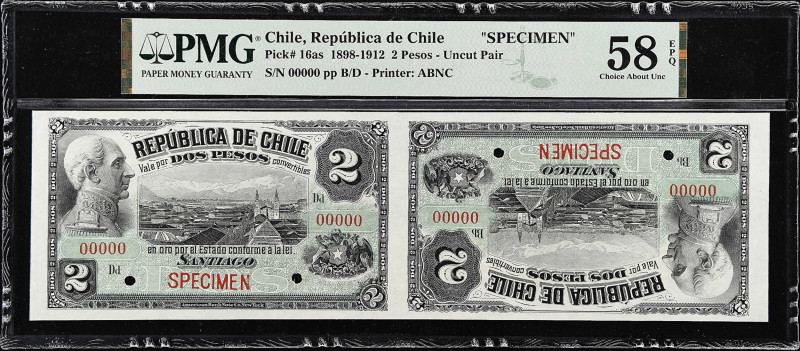 CHILE. Republica de Chile. 2 Pesos, 1898-1912. P-16as. Specimen. Uncut Pair. PMG...