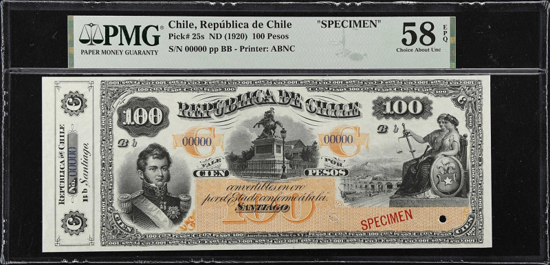 CHILE. Republica de Chile. 100 Pesos, ND (1920). P-25s. Specimen. PMG Choice Abo...