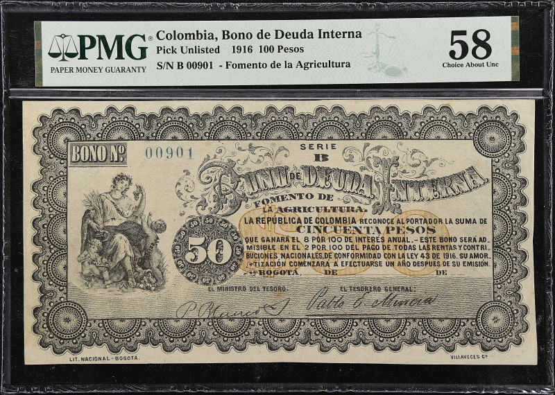 COLOMBIA. Bono de Deuda Interna. 100 Pesos, 1916. P-Unlisted. PMG Choice About U...