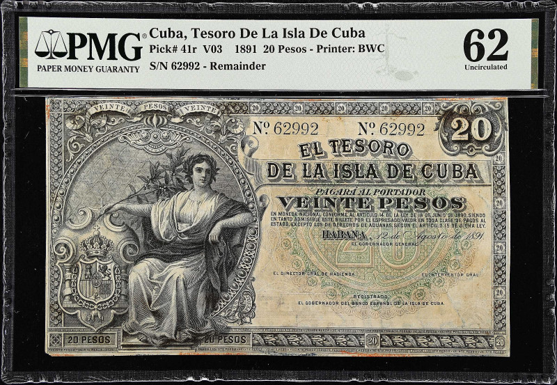 CUBA. Tesoro de la Isla de Cuba. 20 Pesos, 1891. P-41r. Remainder. PMG Uncircula...