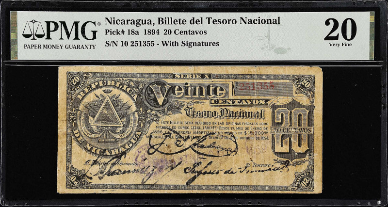 NICARAGUA. Billete Del Tesoro Nacional. 20 Centavos, 1894. P-18a. PMG Very Fine ...