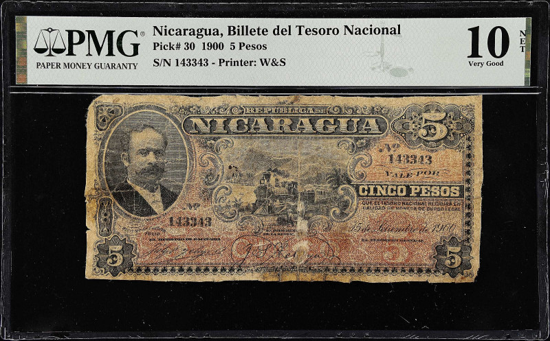 NICARAGUA. Billete del Tesoro Nacional. 5 Pesos, 1900. P-30. PMG Very Good 10 Ne...