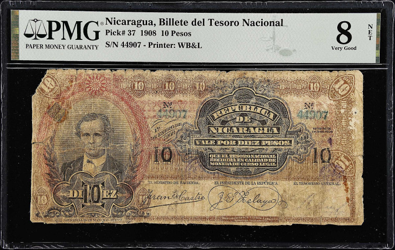 NICARAGUA. Billete del Tesoro Nacional. 10 Pesos, 1908. P-37. PMG Very Good 8 Ne...