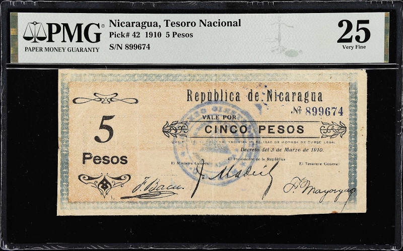 NICARAGUA. Tesoro Nacional. 5 Pesos, 1910. P-42. PMG Very Fine 25.
One of three...