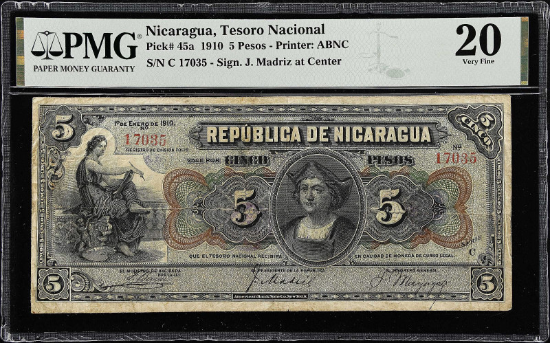 NICARAGUA. Republica de Nicaragua. 5 Pesos, 1910. P-45a. PMG Very Fine 20.
Prin...