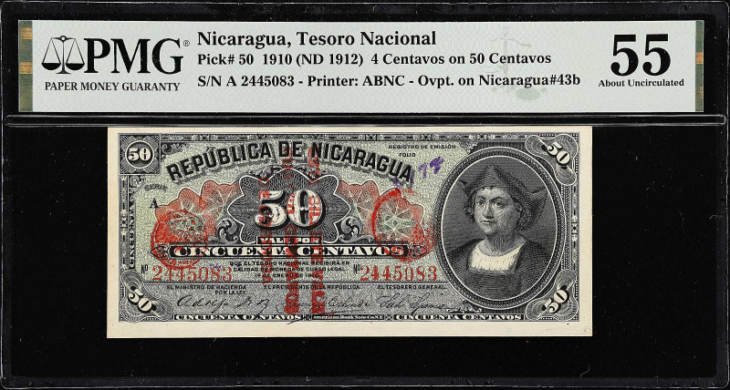 NICARAGUA. Tesoro Nacional. 4 Centavos on 50 Centavos, 1910 (ND 1912). P-50. PMG...