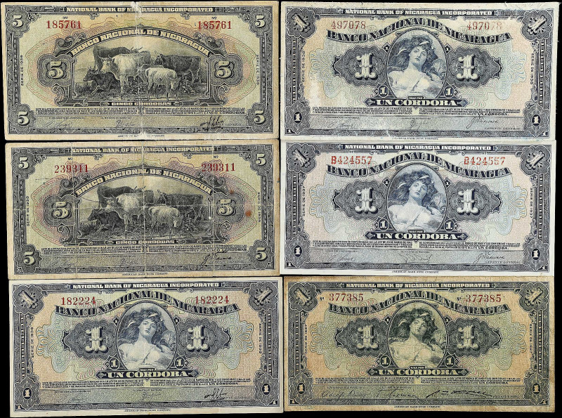 NICARAGUA. Lot of (6). Banco Nacional de Nicaragua. 1 & 5 Cordobas, 1927-39. P-6...