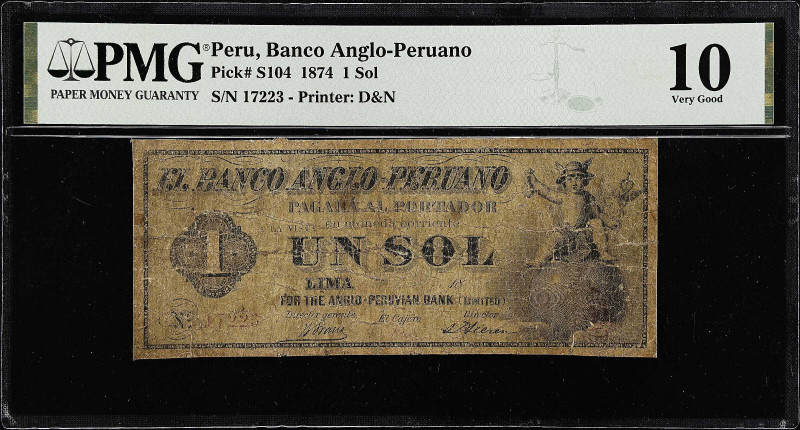 PERU. Banco Anglo-Peruano. 1 Sol, 1874. P-S104. PMG Very Good 10.
Ultra rare. P...