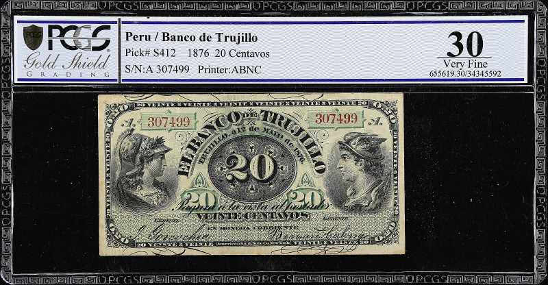 PERU. Banco de Trujillo. 20 Centavos, 1876. P-S412. PCGS GSG Very Fine 30.
This...