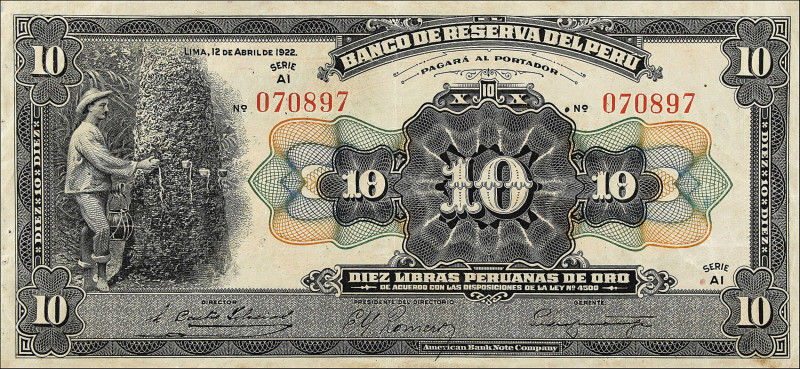 PERU. Banco de Reserva del Peru. 100 Soles Oro, 1922(1935). P-59. Very Fine.
Ba...