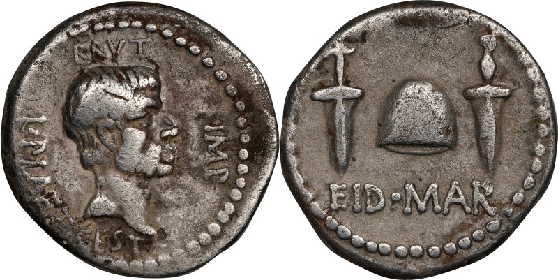 M. JUNIUS BRUTUS. AR Denarius (3.76 gms), Military Mint traveling with Brutus an...