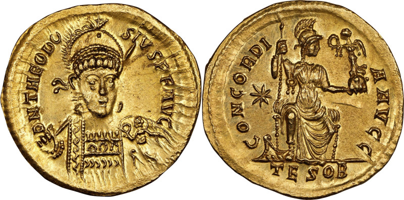 THEODOSIUS II, A.D. 402-450. AV Solidus (4.51 gms), Thessalonica Mint, A.D. 408-...