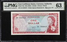 EAST CARIBBEAN STATES. East Caribbean Currency Authority. 1 Dollar, ND (1965). P-13a. PMG Choice Uncirculated 63.
The first of This TDLR design shows...