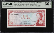 EAST CARIBBEAN STATES. East Caribbean Currency Authority. 1 Dollar, ND (1965). P-13b. PMG Gem Uncirculated 66 EPQ.
Signature 3. Back variety 2 with G...
