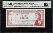 EAST CARIBBEAN STATES. East Caribbean Currency Authority. 1 Dollar, ND (1965). P-13h. PMG Gem Uncirculated 65 EPQ.
A(Antigua) overprint in circle.
F...