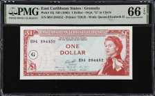 EAST CARIBBEAN STATES. East Caribbean Currency Authority. 1 Dollar, ND (1965). P-13j. PMG Gem Uncirculated 66 EPQ.
G (Grenada) overprint in circle.
...