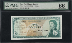 EAST CARIBBEAN STATES. East Caribbean Currency Authority. 5 Dollars, ND (1965). P-14a. PMG Gem Uncirculated 66.
A beautiful green design showing Quee...