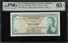 EAST CARIBBEAN STATES. East Caribbean Currency Authority. 5 Dollars, ND (1965). P-14g. PMG Gem Uncirculated 65 EPQ.
Signature 8. Back variety 3.
Fro...