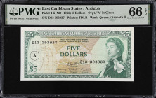EAST CARIBBEAN STATES. East Caribbean Currency Authority. 5 Dollars, ND (1965). P-14i. PMG Gem Uncirculated 66 EPQ.
A (Antigua) overprint in circle. ...