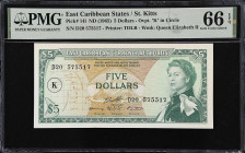 EAST CARIBBEAN STATES. East Caribbean Currency Authority. 5 Dollars, ND (1965). P-14l. PMG Gem Uncirculated 66 EPQ.
K (St. Kitts) overprint in circle...