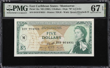 EAST CARIBBEAN STATES. East Caribbean Currency Authority. 5 Dollars, ND (1965). P-14n. PMG Superb Gem Uncirculated 67 EPQ.
M (Montserrat) overprint i...