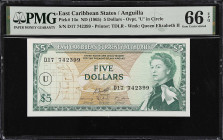 EAST CARIBBEAN STATES. East Caribbean Currency Authority. 5 Dollars, ND (1965). P-14o. PMG Gem Uncirculated 66 EPQ.
Overprint U (Anguilla) in circle....