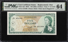EAST CARIBBEAN STATES. East Caribbean Currency Authority. 5 Dollars, ND (1965). P-14p*. RB18. Replacement. PMG Choice Uncirculated 64.
RB18. Z1 serie...