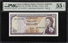 EAST CARIBBEAN STATES. East Caribbean Currency Authority. 20 Dollars, ND (1965). P-15d. PMG About Uncirculated 55 EPQ.
Signature 4. Back Variety II. ...