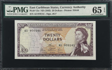 EAST CARIBBEAN STATES. East Caribbean Currency Authority. 20 Dollars, ND (1965). P-15e. PMG Gem Uncirculated 65 EPQ.
Signature 6. Back Variety II. Ti...
