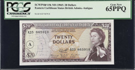 EAST CARIBBEAN STATES. East Caribbean Currency Authority. 20 Dollars, ND (1965). P-15h. PCGS Currency Gem New 65 PPQ.
Overprint A(Antigua) in circle....