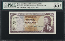 EAST CARIBBEAN STATES. East Caribbean Currency Authority. 20 Dollars, ND (1965). P-15n. PMG About Uncirculated 55 EPQ.
Overprint U (Anguilla) in circ...