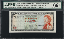 EAST CARIBBEAN STATES. East Caribbean Currency Authority. 100 Dollars, ND (1965). P-16f. PMG Gem Uncirculated 66 EPQ.
Black on multicolor underprint....