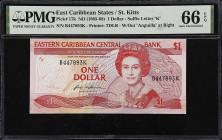 EAST CARIBBEAN STATES. Eastern Caribbean Central Bank. 1 Dollar, ND (1985-88). P-17k. PMG Gem Uncirculated 66 EPQ.
Suffix letter K, St. Kitts.
From ...